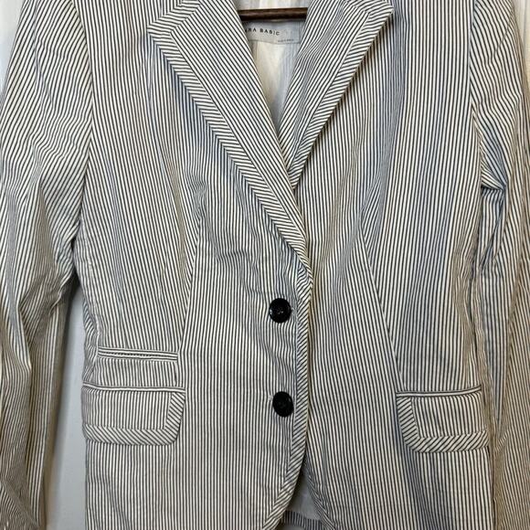 Zara Basic White With Blue Pin Stripes Open Front Classic Fit Blazer Size Med - Picture 9 of 11